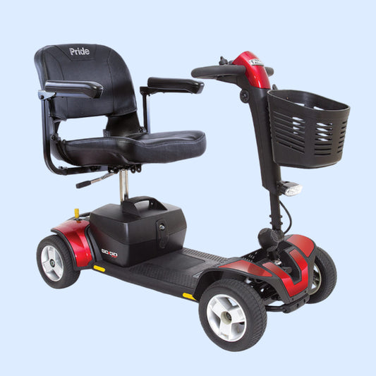 Black and red mobility scooter with 'Pride' branding on a white background