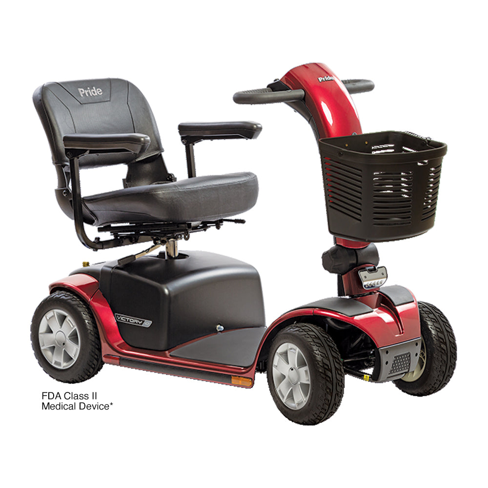 Red and black mobility scooter with 'Pride' branding on a white background