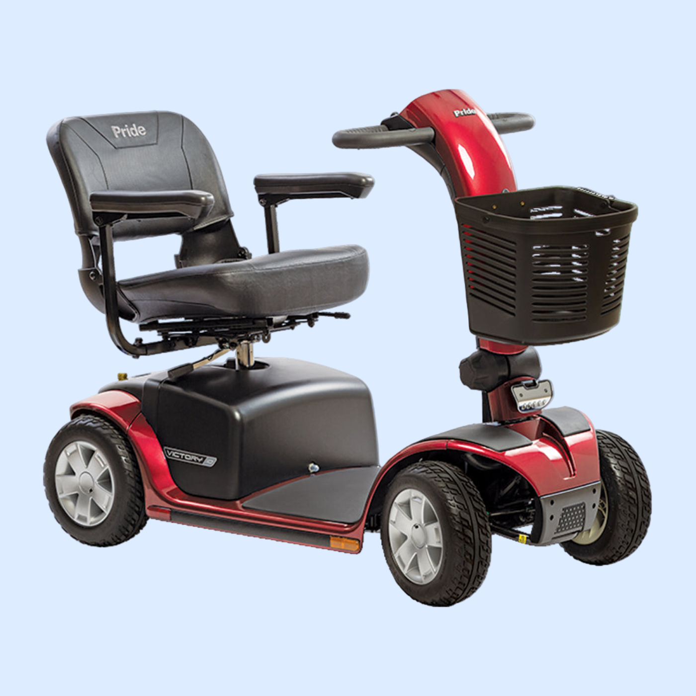 Red and black mobility scooter with 'Pride' branding on a light blue background