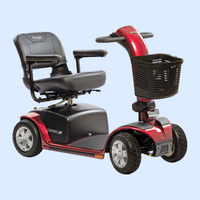 Red and black mobility scooter with 'Pride' branding on a light blue background